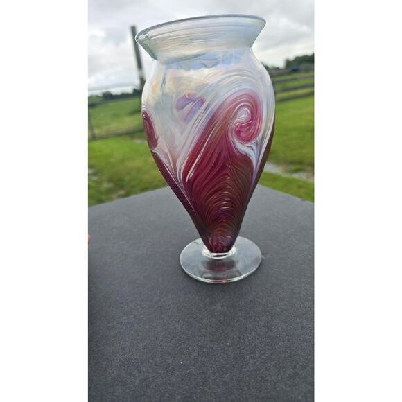Ron Hinkle Art Glass Vase 2006 Iridescent Swirl Pedestal Signed Handmade Decor - Picture 5 of 12